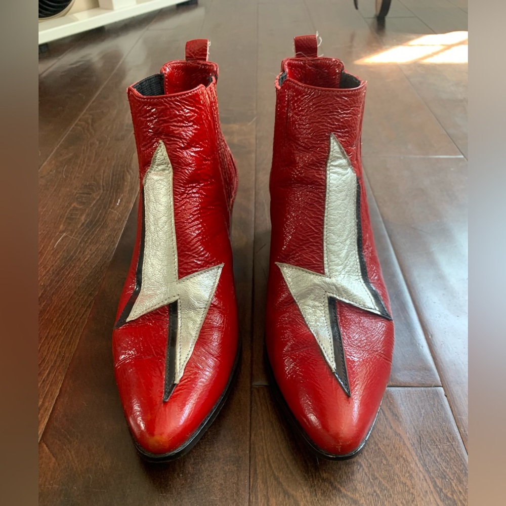 Modern Vice red patent leather lightning bolt ankle boots